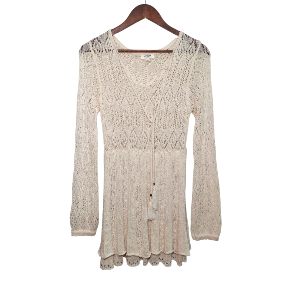 Boho Cream Knit Crochet Lace Mini Sweater Dress